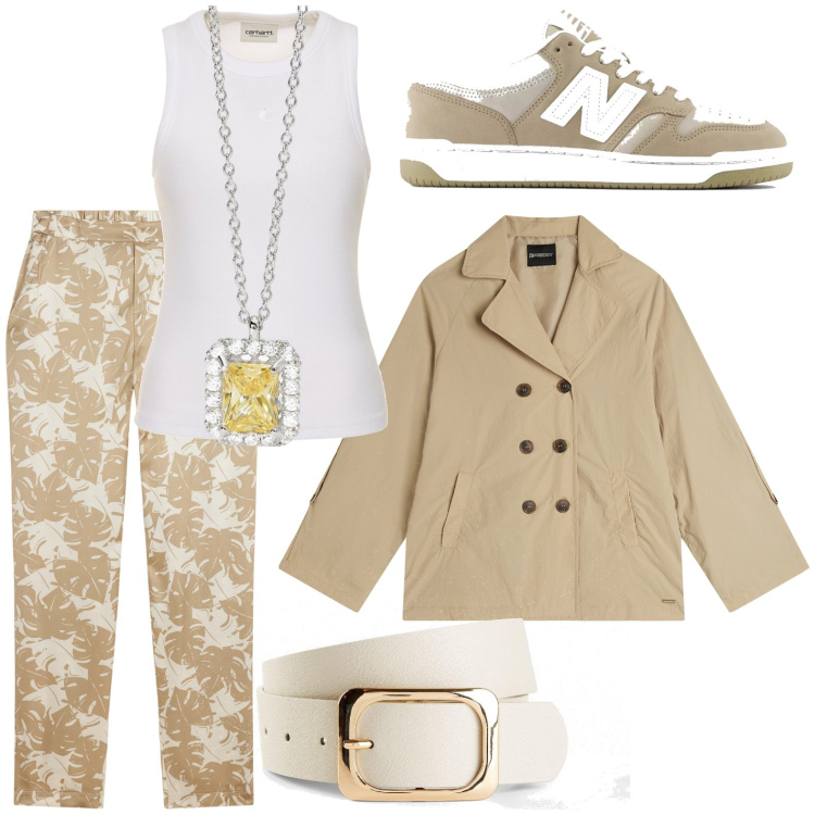 Outfit donna - Un salto fuori città. Stile Basic per Tutti i giorni. Abbinamento con cinture, collane, sneakers, pantaloni, trench, canottiere.