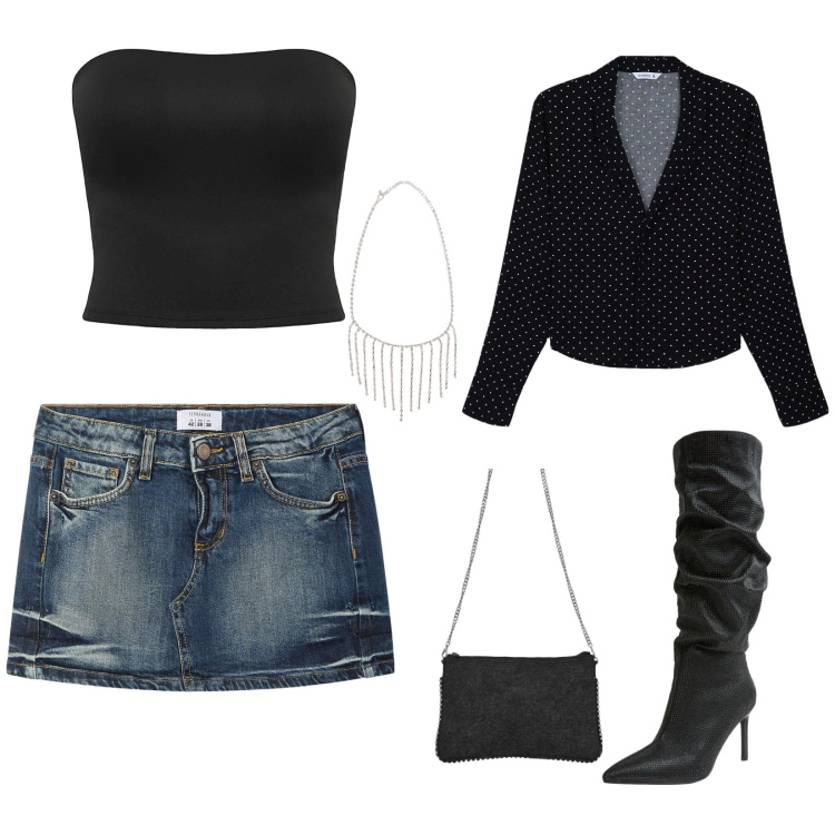 Outfit donna - Serata elegante. Stile Chic per Serata fuori. Abbinamento con camicie, stivali, collane, borse a tracolla, top, minigonne.