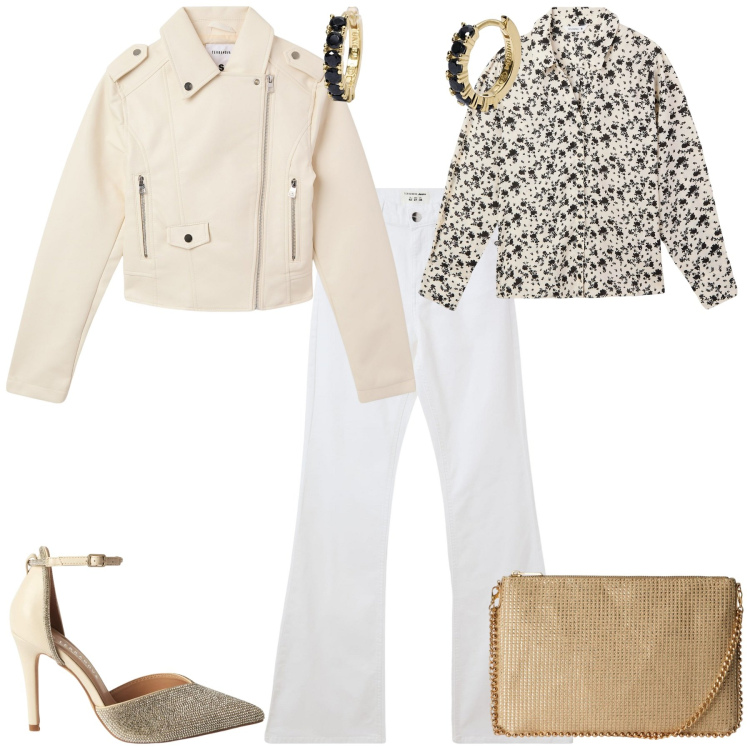 Outfit donna - Total look #2096634. Stile Sporty chic per Serata fuori. Abbinamento con jeans a zampa, camicie, décolleté, giacche, borse a tracolla, orecchini.