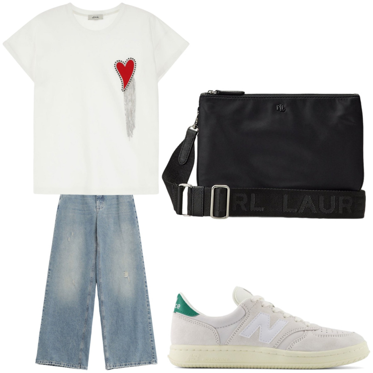 Outfit donna - Aperitivo. Stile Trendy per Tutti i giorni. Abbinamento con sneakers, jeans, t-shirt, borse a tracolla.