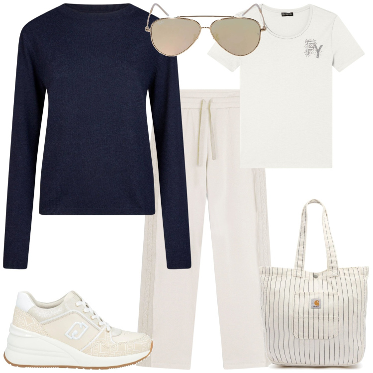Outfit donna - Total look #2096637. Stile Sporty chic per Tutti i giorni. Abbinamento con sneakers, t-shirt, pantaloni, maglieria, occhiali da sole, borse tote.