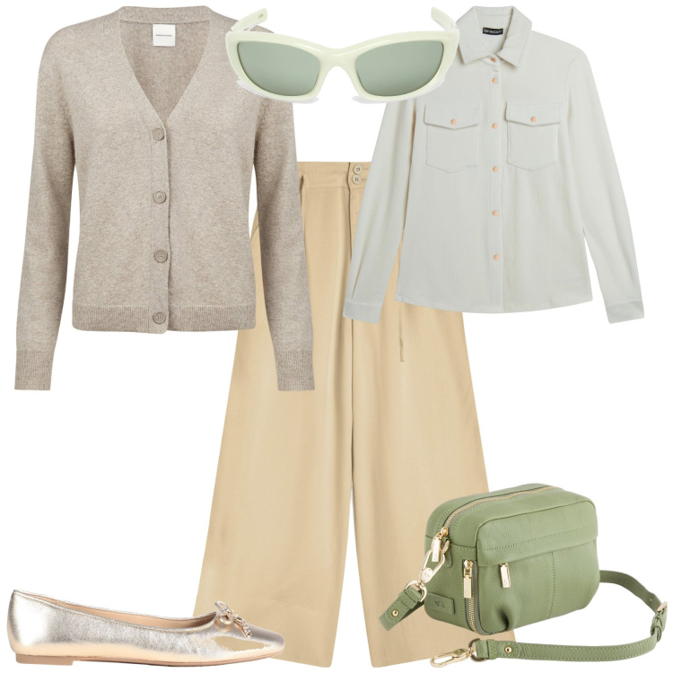 Outfit donna - Total look #2096639. Stile Sporty chic per Tutti i giorni. Abbinamento con ballerine, camicie, pantaloni, cardigans, borse a tracolla, occhiali da sole.
