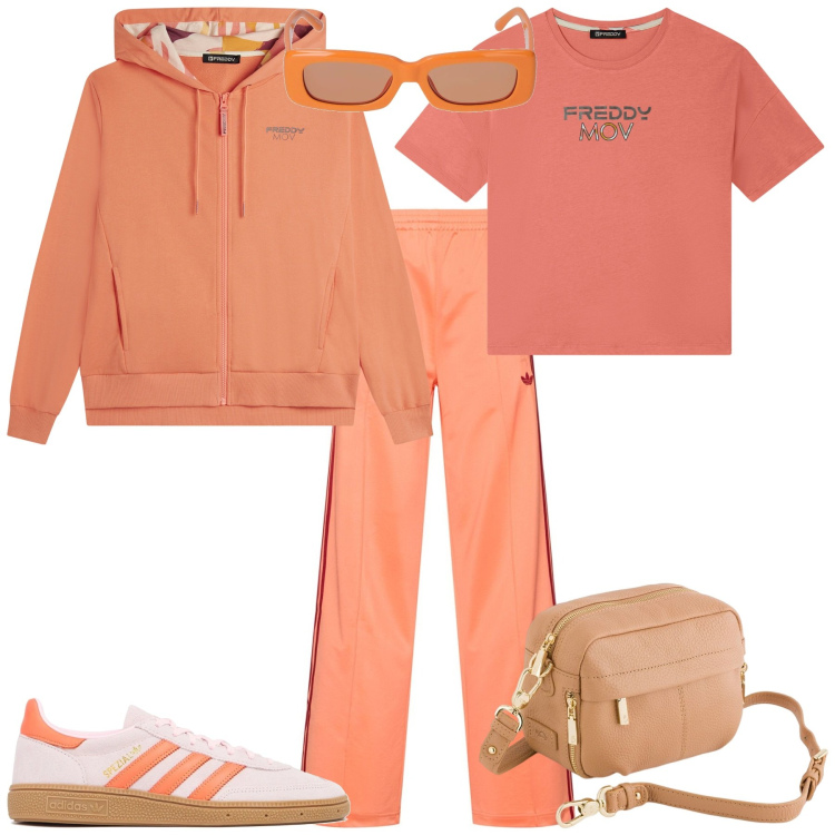 Outfit donna - Total look #2096641. Stile Sporty chic per Sport. Abbinamento con t-shirt, felpe con cappuccio, pantaloni, occhiali da sole, sneakers, borse a tracolla.
