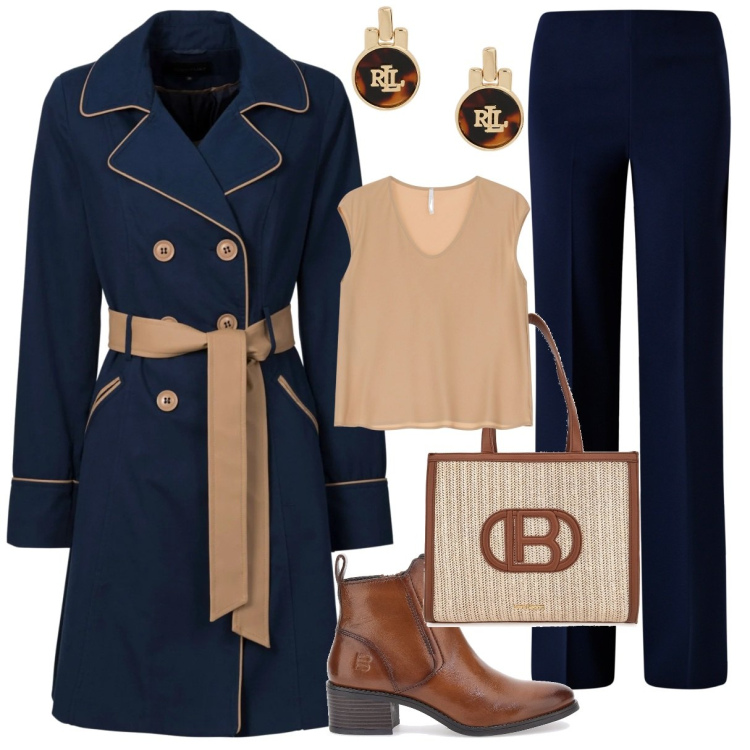 Outfit donna - Giornata di pioggia. Stile Casual chic per Tutti i giorni. Abbinamento con trench, pantaloni a palazzo, top, orecchini, stivaletti, borse a spalla.