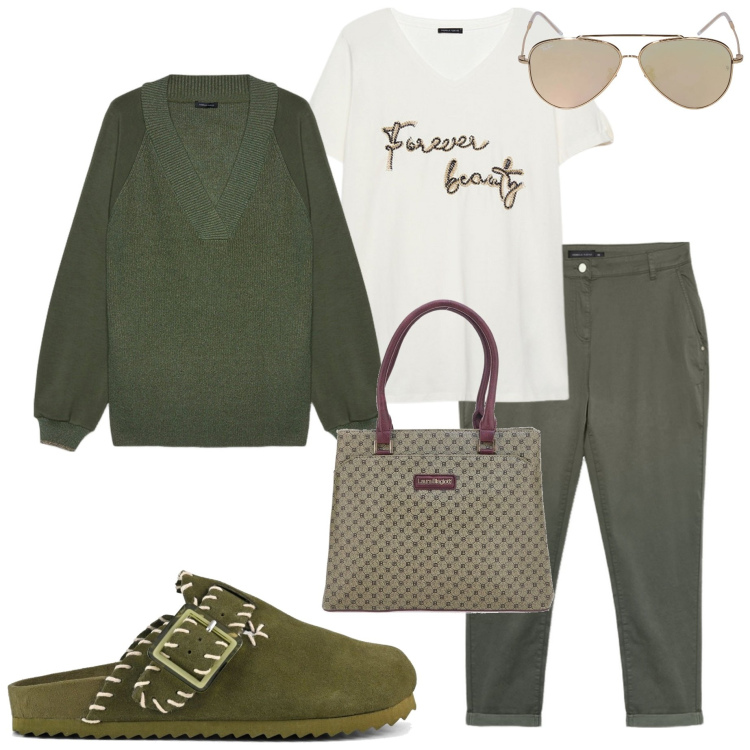 Outfit donna - Verde militare. Stile Casual per Tutti i giorni. Abbinamento con t-shirt, sabot, maglieria, pantaloni, occhiali da sole, borse a spalla.