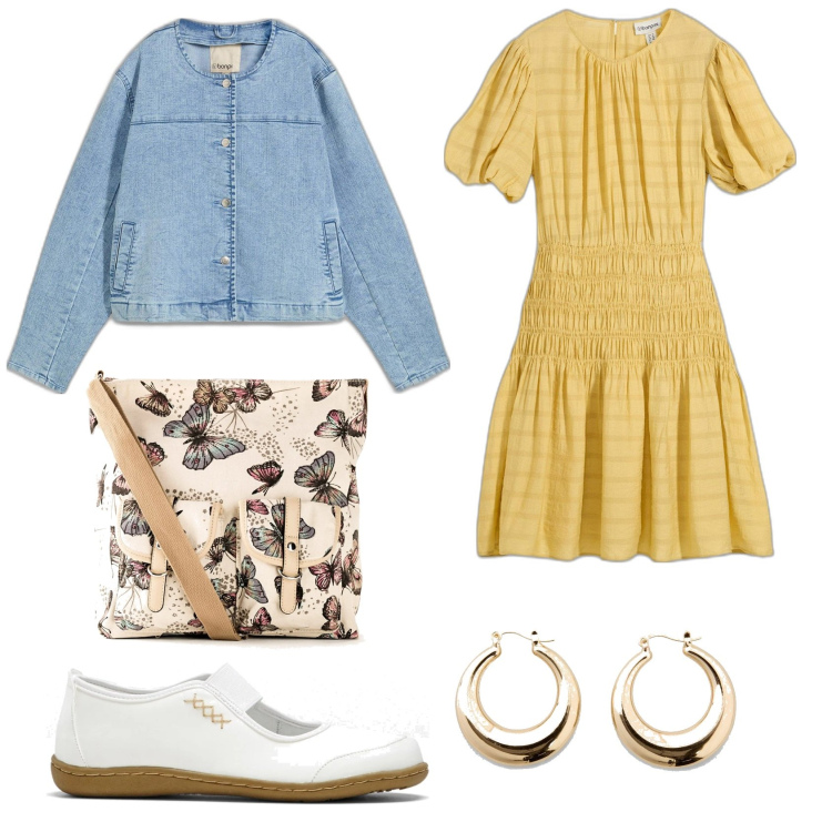 Outfit donna - Passeggiata primaverile. Stile Romantica per Tutti i giorni. Abbinamento con ballerine, vestiti corti, blazer, borse a tracolla, orecchini.