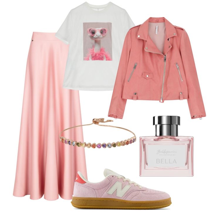 Outfit donna - Rosa pastello city mix & match. Stile Casual chic per Tutti i giorni. Abbinamento con profumi, braccialetti, sneakers, gonne, giacche, t-shirt.