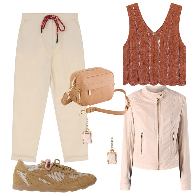 Outfit donna - Safari in città. Stile Casual per Tutti i giorni. Abbinamento con blazer, top, sneakers, pantaloni chino, orecchini, borse a tracolla.