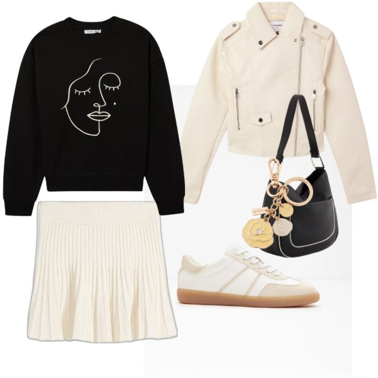 Outfit donna - Felpa ricamo viso astratto. Stile Casual per Tutti i giorni. Abbinamento con sneakers, minigonne, giacche, felpe, portachiavi, borse a tracolla.