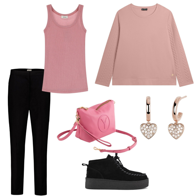 Outfit donna - Primavera in rosa. Stile Sporty chic per Serata fuori. Abbinamento con orecchini, felpe, canottiere, pantaloni, stivaletti, valigie.