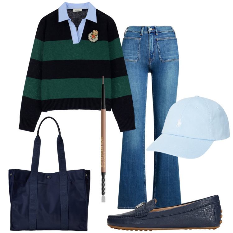 Outfit donna - Al circoletto. Stile Casual per Tutti i giorni. Abbinamento con eyeliner, maglieria, cappelli, mocassini, borse tote, jeans bootcut.