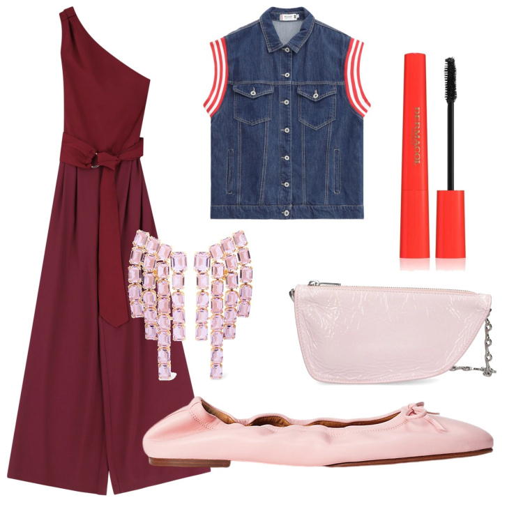 Outfit donna - Festa in ballerine. Stile Glamour per Serata fuori. Abbinamento con mascara, gilet, tute, ballerine, borse a spalla, orecchini.