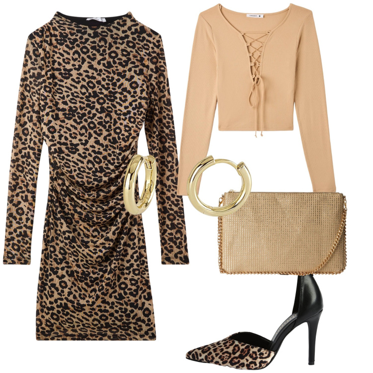 Outfit donna - Animalier chic. Stile Urban per Ufficio. Abbinamento con décolleté, borse a tracolla, t-shirt, vestiti lunghi, orecchini.