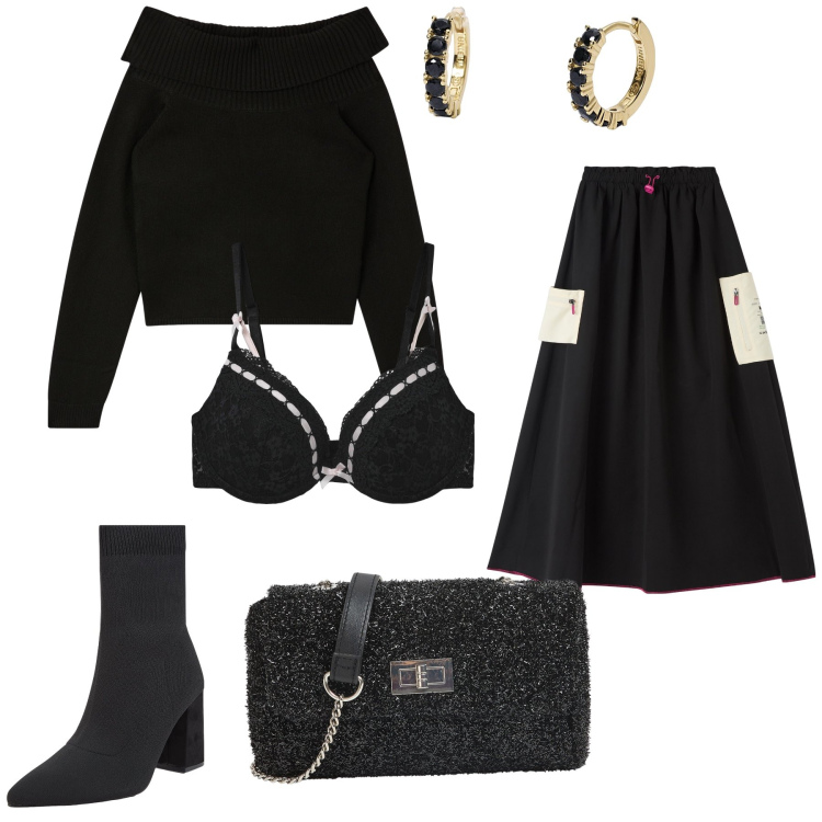 Outfit donna - Un poco anni 50. Stile Bon Ton per Tutti i giorni. Abbinamento con maglieria, borse a tracolla, gonne lunghe, stivaletti, reggiseni push-up, orecchini.