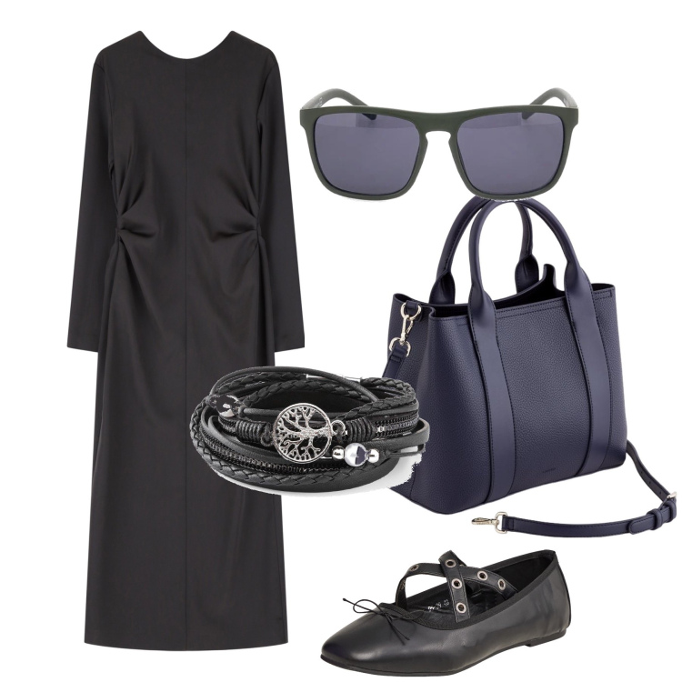 Outfit donna - Black office. Stile Urban per Ufficio. Abbinamento con braccialetti, ballerine, vestiti lunghi, occhiali da sole, borse a mano.