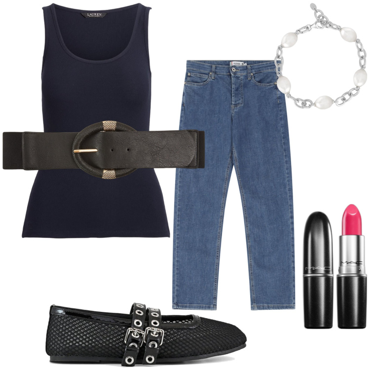 Outfit donna - Ballerina e jeans combo chic. Stile Bon Ton per Tutti i giorni. Abbinamento con rossetti, cinture, braccialetti, jeans dritti, canottiere, ballerine.