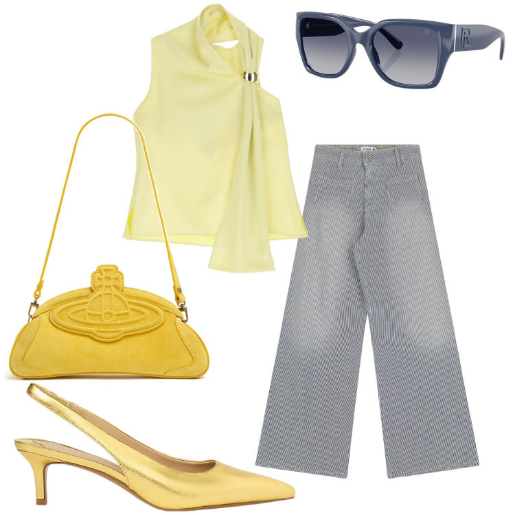 Outfit donna - Semplicemente aperitivo. Stile Glamour per Serata fuori. Abbinamento con jeans a zampa, top, occhiali da sole, décolleté, clutch.