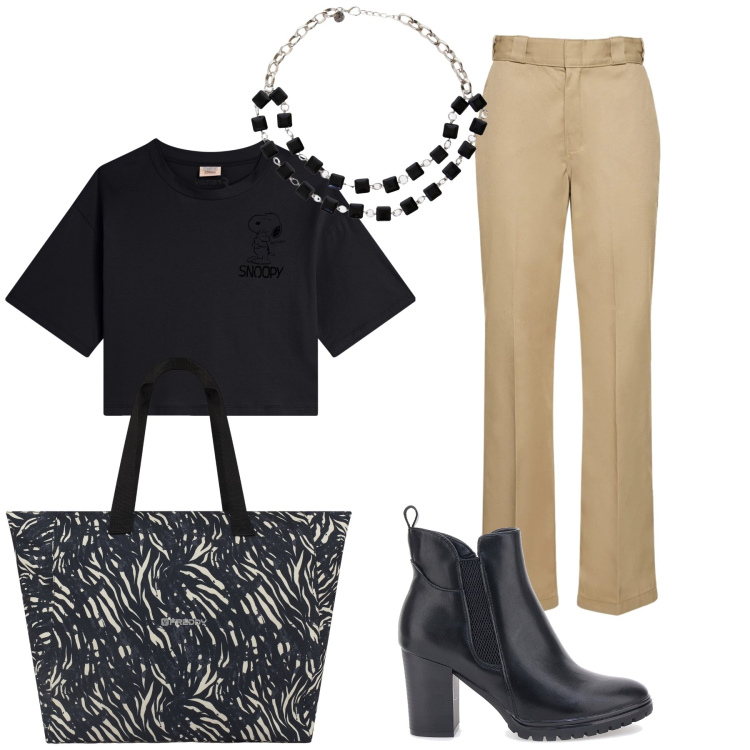 Outfit donna - Crop top e collana. Stile Urban per Ufficio. Abbinamento con shopping bag, t-shirt, collane, stivaletti, pantaloni.