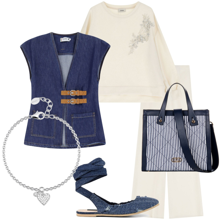 Outfit donna - Ballerine in primavera. Stile Casual chic per Ufficio. Abbinamento con braccialetti con ciondoli, shopping bag, gilet, pantaloni, felpe, ballerine.