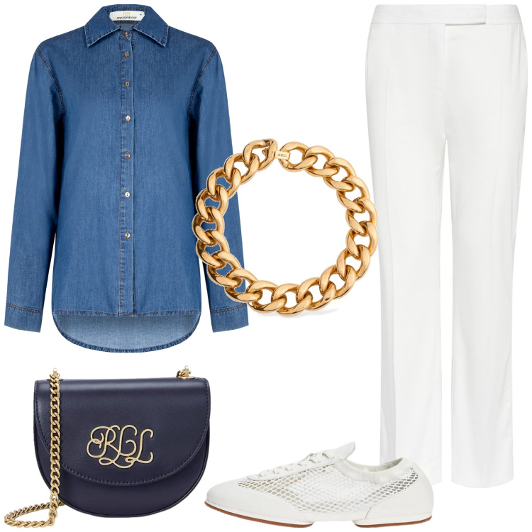 Outfit donna - Grintosa in jeans. Stile Casual chic per Tutti i giorni. Abbinamento con camicie, borse a tracolla, ballerine, collane, pantaloni.