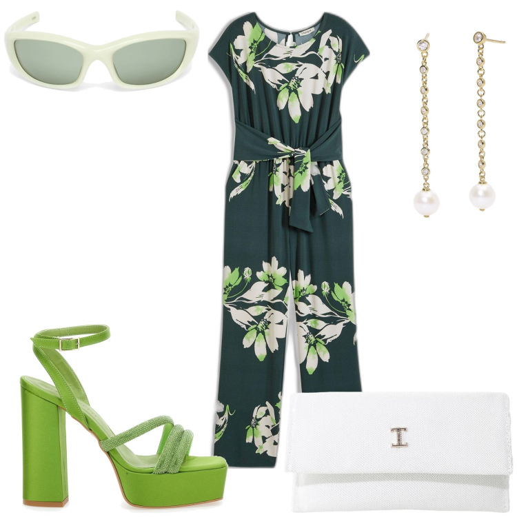 Outfit donna - Evento piacevolmente. Stile Glamour per Cerimonia. Abbinamento con tute, orecchini, borse a tracolla, sandali col tacco, occhiali da sole.