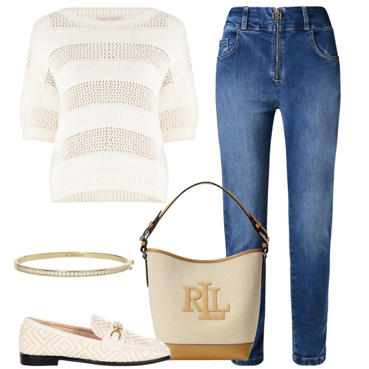 Outfit donna - Losanghe. Stile Casual per Tutti i giorni. Abbinamento con braccialetti, mocassini, jeans skinny, maglieria, borse a secchiello.