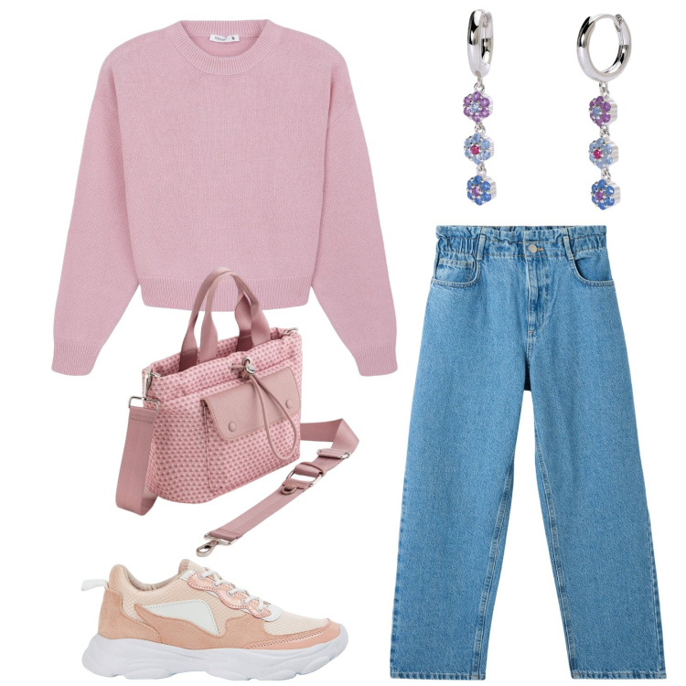Outfit donna - Rosa pastello. Stile Casual per Scuola/Università. Abbinamento con maglieria, sneakers, jeans, orecchini, borse a mano.
