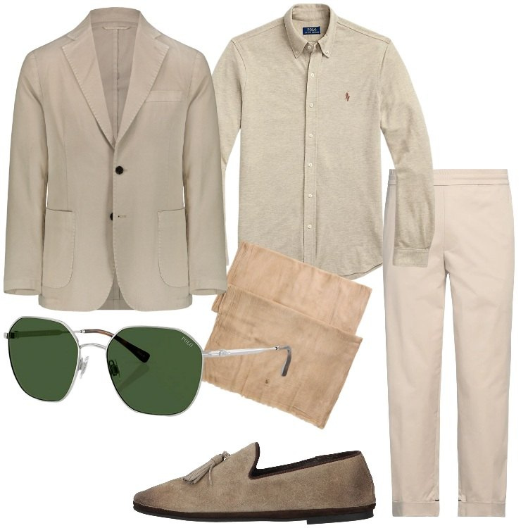 Outfit uomo - Tonalità terrose. Stile Business/Elegante per Ufficio. Abbinamento con pantaloni, scarpe stringate, occhiali da sole, camicie, sciarpe, giacche.