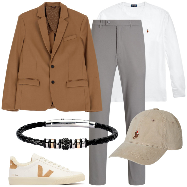 Outfit uomo - Smart. Stile Casual per Tutti i giorni. Abbinamento con braccialetti, giacche, cappelli, t-shirt, pantaloni, sneakers.