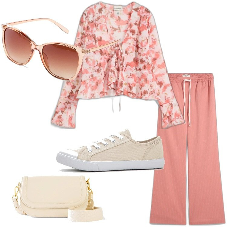 Outfit donna - Bonprix - Colori e fantasie di tendenza. Stile Basic per Tutti i giorni. Abbinamento con occhiali da sole, bluse, pantaloni a palazzo, borse a spalla, sneakers.