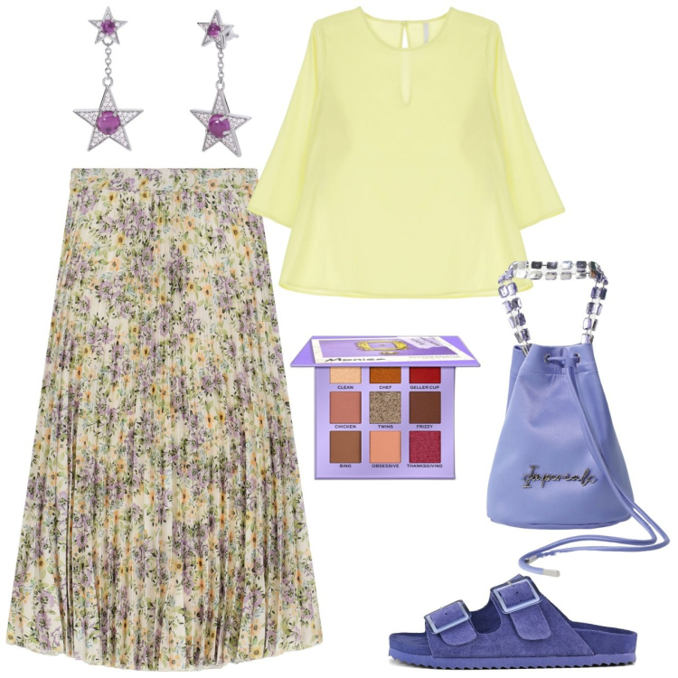 Outfit donna - A passeggio. Stile Casual per Tutti i giorni. Abbinamento con ombretti, orecchini, borse a secchiello, bluse, gonne lunghe, sandali.