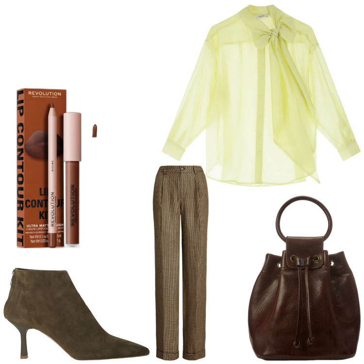 Outfit donna - Camicia leggera. Stile Chic per Ufficio. Abbinamento con rossetti, pantaloni, borse a secchiello, stivaletti, camicie.
