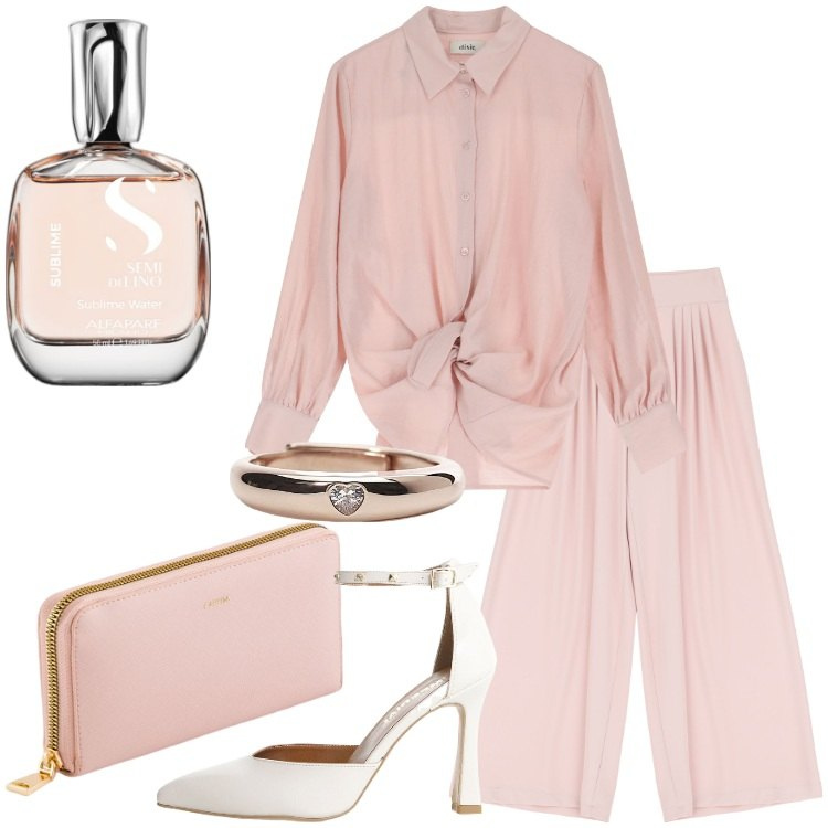 Outfit donna - Rosa Pastello Leggero sognante versatile. Stile Romantica per Serata fuori. Abbinamento con profumi, anelli, décolleté, camicie, pantaloni a palazzo, portafogli.