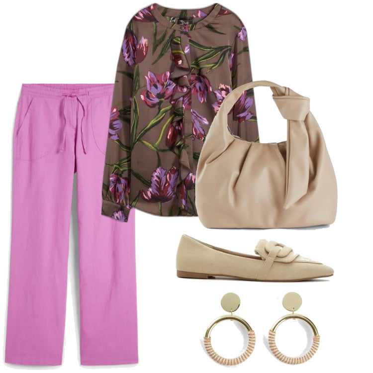 Outfit donna - La primavera di Bonprix. Stile Romantica per Tutti i giorni. Abbinamento con pantaloni a palazzo, mocassini, borse a mano, tuniche, orecchini.