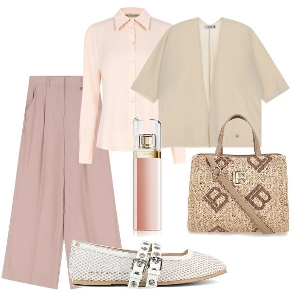 Outfit donna - Aspettando la primavera. Stile Glamour per Tutti i giorni. Abbinamento con profumi, camicie, cardigans, pantaloni a palazzo, ballerine, borse a tracolla.