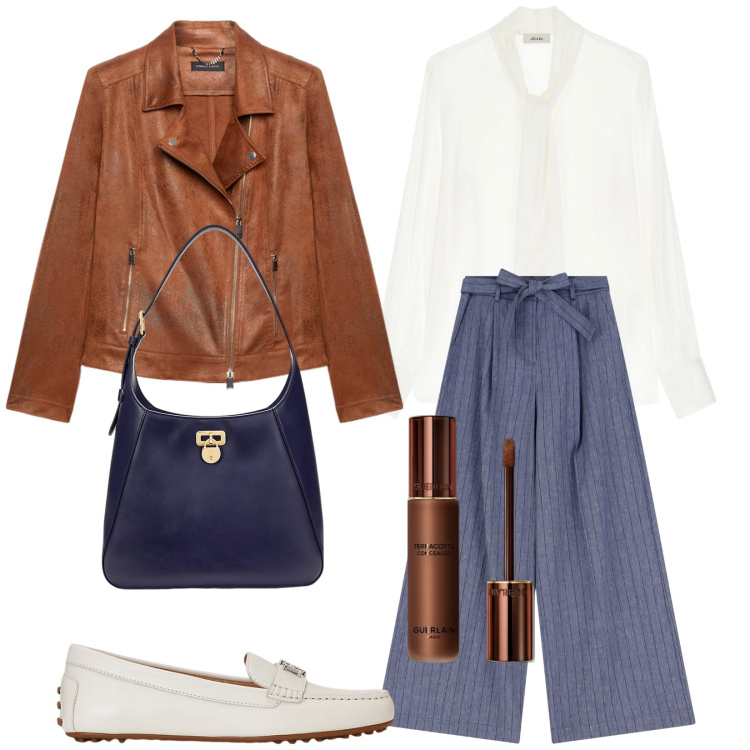Outfit donna - Total look #2096744. Stile Trendy per Tutti i giorni. Abbinamento con correttori, pantaloni, borse a spalla, mocassini, camicie, blazer.