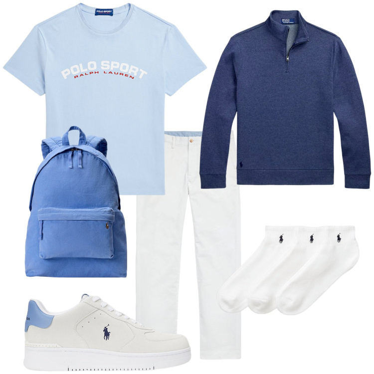 Outfit uomo - In barca. Stile Trendy per Tutti i giorni. Abbinamento con pantaloni, calzini, sneakers, pullovers, borse sportive, t-shirt.