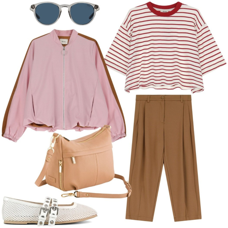 Outfit donna - Outfit di primavera. Stile Casual chic per Tutti i giorni. Abbinamento con pantaloni, t-shirt, bomber, occhiali da sole, ballerine, borse a tracolla.