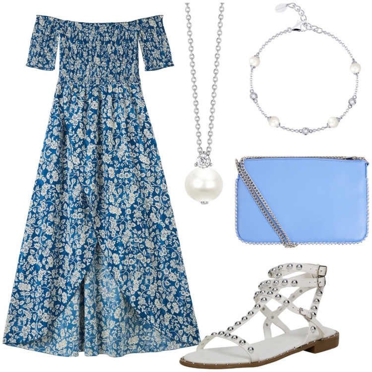Outfit donna - Festa in giardino. Stile Romantica per Serata fuori. Abbinamento con vestiti lunghi, borse a tracolla, sandali, braccialetti, collane.