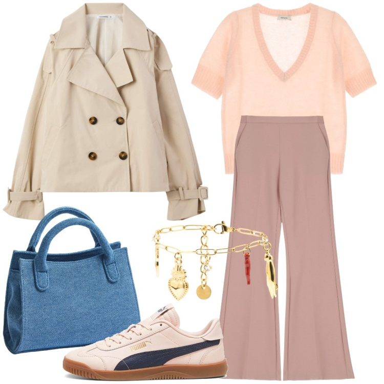 Outfit donna - Soft chic in primavera. Stile Casual chic per Ufficio. Abbinamento con borse a tracolla, trench, pantaloni, braccialetti, maglieria, sneakers.
