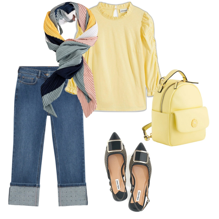 Outfit donna - Giallo burro per la giornata. per Tutti i giorni. Abbinamento con maglieria, ballerine, jeans, foulard, zaini.