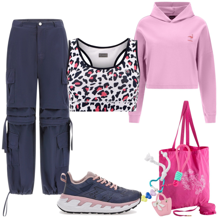 Outfit donna - Easy martedì. Stile Basic per Sport. Abbinamento con pantaloni cargo, felpe con cappuccio, reggiseni, sneakers, portachiavi, shopping bag.