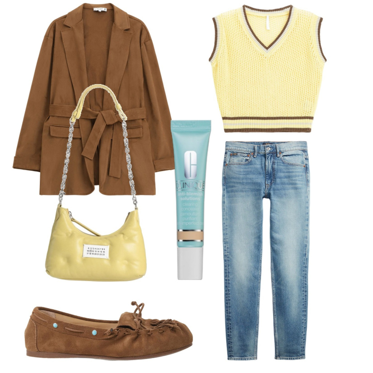 Outfit donna - Total look #2096773. Stile Trendy per Tutti i giorni. Abbinamento con borse a spalla, correttori, blazer, maglieria, jeans skinny, mocassini.