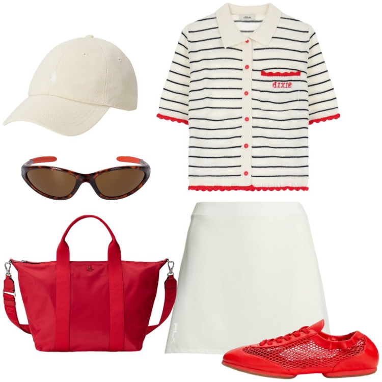 Outfit donna - Al tennis club. Stile Casual chic per Tutti i giorni. Abbinamento con cardigans, minigonne, borse tote, ballerine, cappelli, occhiali da sole.