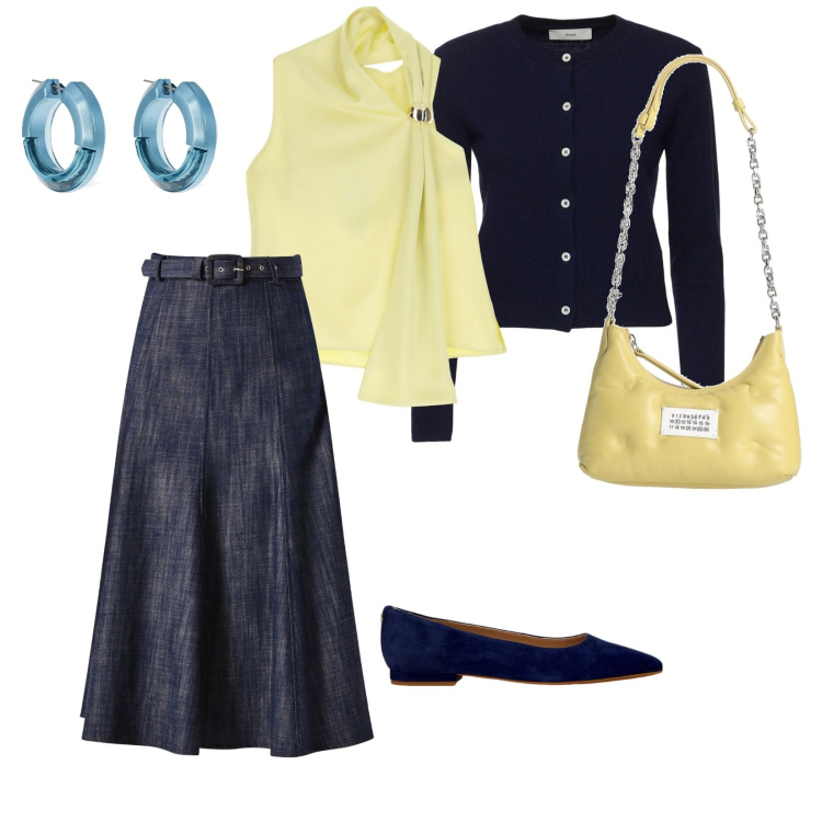 Outfit donna - Eleganza in giallo burro. per Ufficio. Abbinamento con borse a spalla, gonne longuette, top, ballerine, orecchini, cardigans.