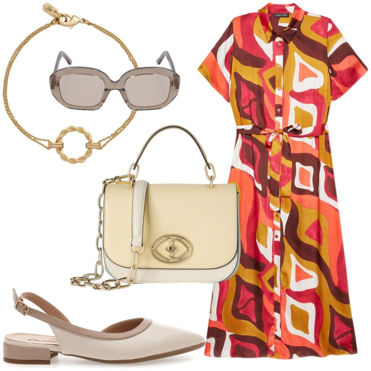 Outfit donna - Vintage rivisitato. Stile Vintage retrò per Tutti i giorni. Abbinamento con braccialetti, ballerine, occhiali da sole, vestiti lunghi, borse a tracolla.