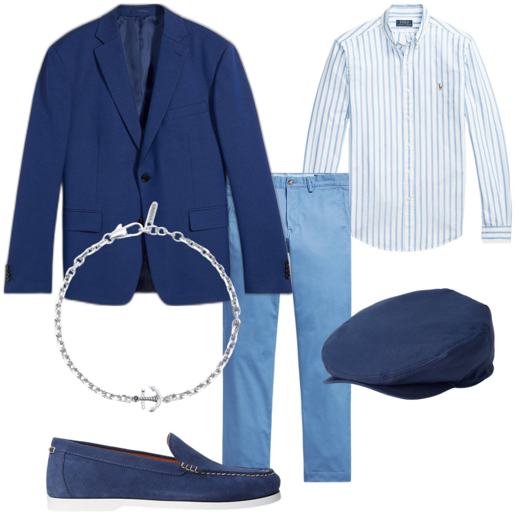 Outfit uomo - Aperitivo al Porto. Stile Trendy per Tutti i giorni. Abbinamento con giacche, braccialetti, cappelli, scarpe stringate, pantaloni, camicie.