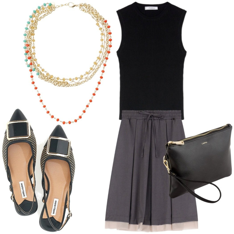 Outfit donna - Collane protagoniste. Stile Bon Ton per Cerimonia. Abbinamento con gonne longuette, collane, ballerine, pochette, top.