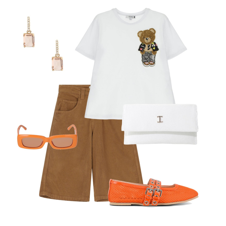 Outfit donna - Ballerina arancio. Stile Trendy per Tutti i giorni. Abbinamento con t-shirt, borse a tracolla, bermuda, orecchini, ballerine, occhiali da sole.