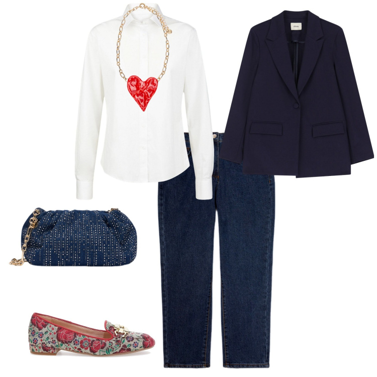 Outfit donna - Aperitivo. per Tutti i giorni. Abbinamento con blazer, mocassini, camicie, ciondoli, clutch, jeans.